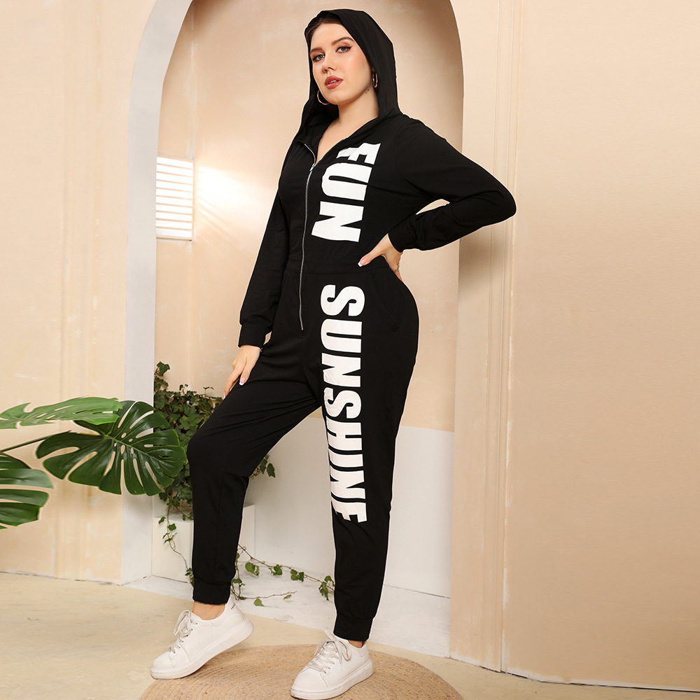 plus size letter print slim hooded jumpsuit NSWCJ117751