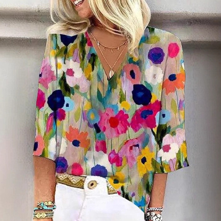 2024 Amazon Aliexpress Temu Autumn/Winter Women's Casual Printed V-Neck Top Shirt with Plant Floral Design