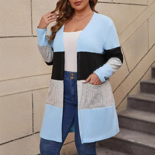Plus-size women's clothing 2025 autumn top Western-style color-blocking plaid open-front coat