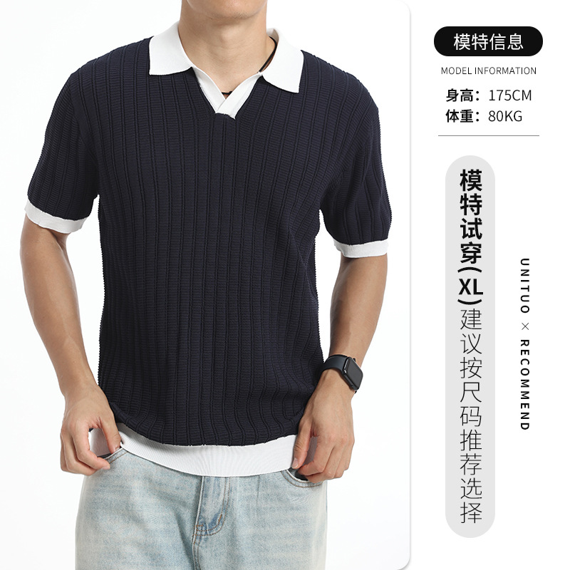 El antiguo viento de hielo de seda polo camisa de punto hombre color contrastante V-collar de negocios de verano casual camiseta de manga corta camiseta superior