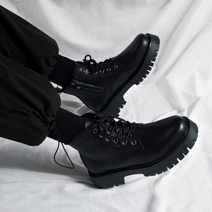 Side Zipper Martin Boots Men's High-Top British Style Black Workwear Motorcycle Boots Spring Height-Increasing High-Top Short Boots