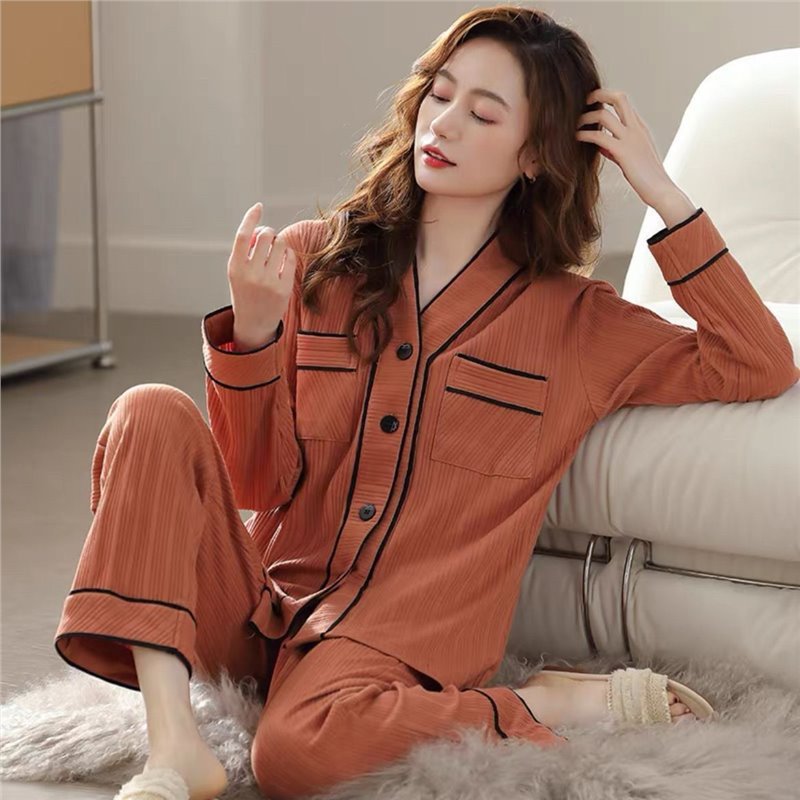 Pijama de mujer otoño invierno algodón nuevo cardigan de manga larga a cuadrillas grande se puede usar con ropa de casa de primavera y otoño