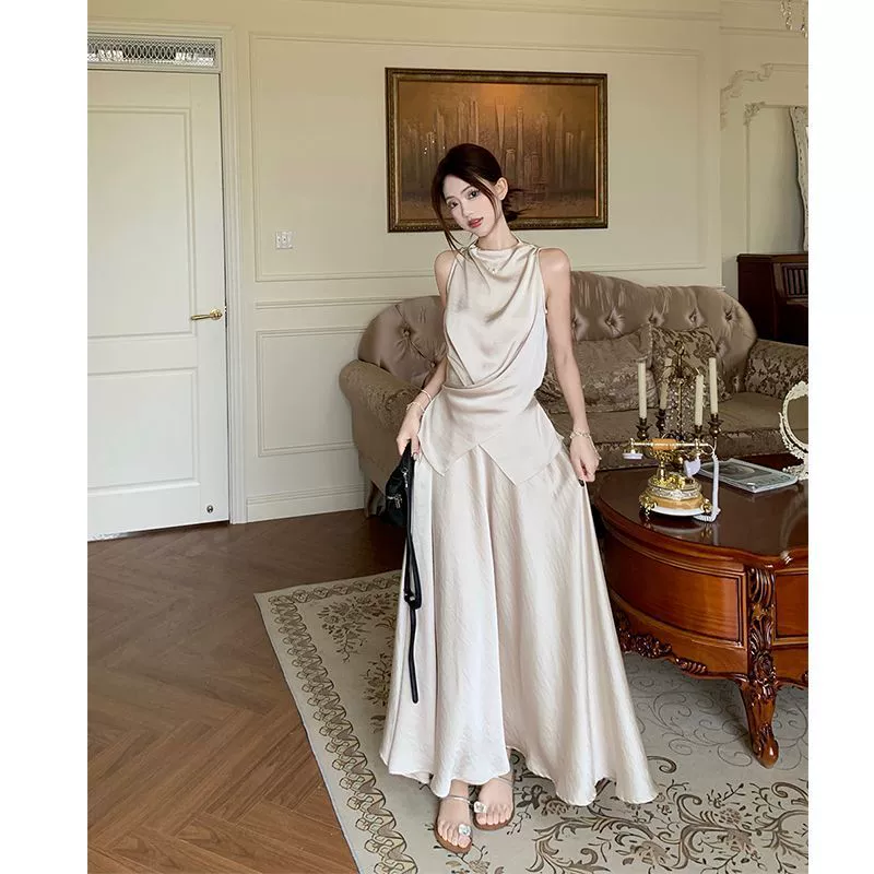 Летний новый модный женский костюм из двух предметов: атласная юбка-жилет с асимметричным кружевным дизайном на шнуровке, для повседневной носки.