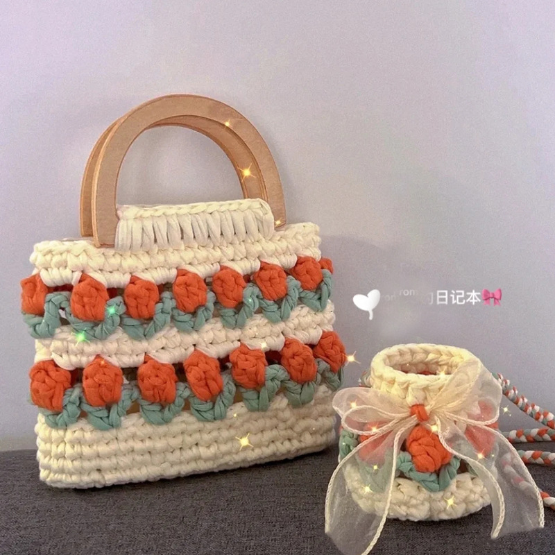 Línea de tela de bricolaje tejida a mano Bolso de tulipán Bolso de material Bolso para novias generosas y dulces
