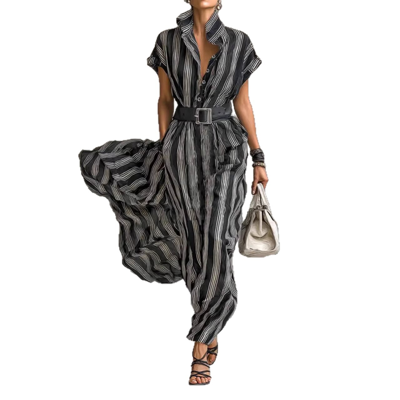 2026 European And American Cross-border Independent Site Elegant Short-sleeved Collar Striped Shirt Dress_ecoleips.com