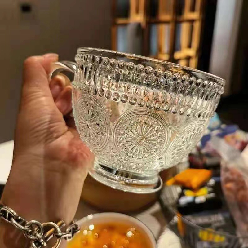 Retro Engraved Sunflower Milk Cup Breakfast Cup Household Glass Cup Water Cup with Handle Large Capacity Oat Cup