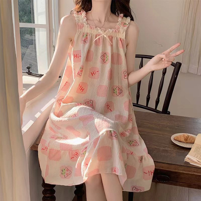 2024 verano colga cojín de pecho pijama niñas lindas dulces cómodas burbujas tela arrugada vestido de dormir ropa de mujer para el hogar