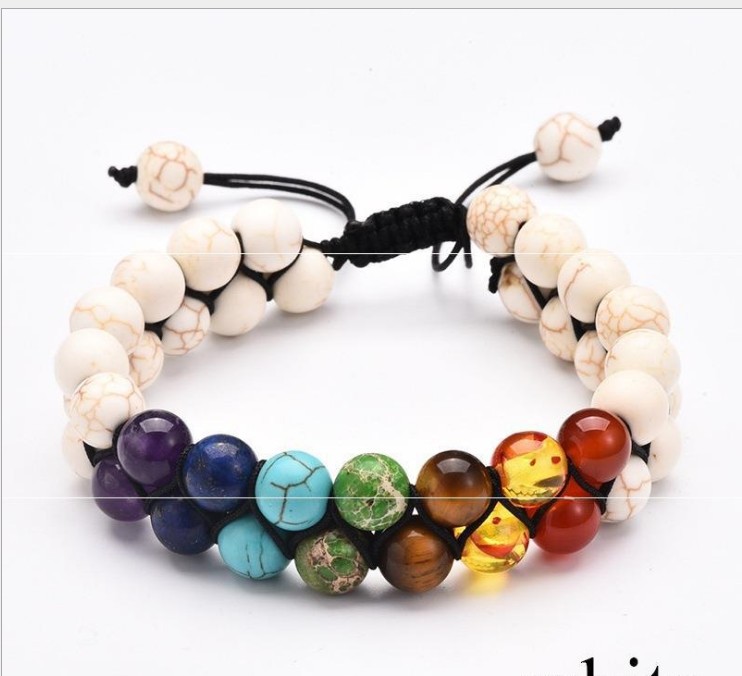 Nueva piedra colorida de Amazon, hombres europeos y americanos, piedra volcánica negra, pulsera de energía de yoga, piedra volcánica de siete puntos, turquesa, blanco.