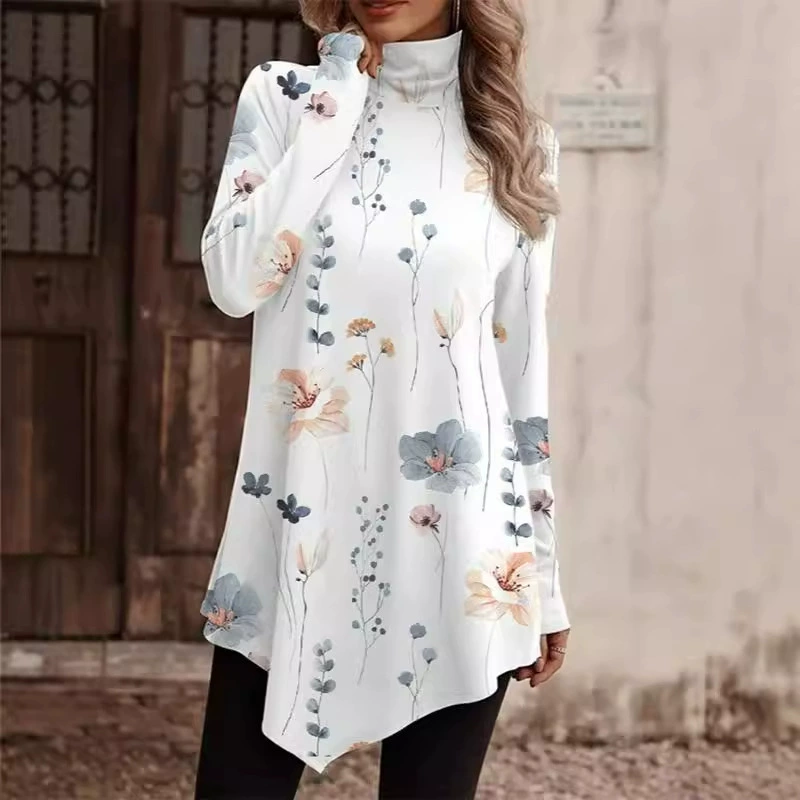 2024 Amazon temu независимая станция, осенне-зимняя новая модная трикотажная футболка с высоким воротником и длинными рукавами в этническом стиле с принтом