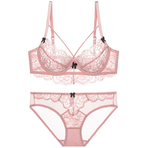 French bra plus size women's lace bow girl shoulder strap outer wear beautiful breasts showing small underwear set