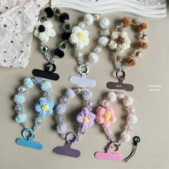 秋冬毛絨防丟鏈少女珍珠毛線鏈條包包鑰匙扣花朵掛件小禮品批發