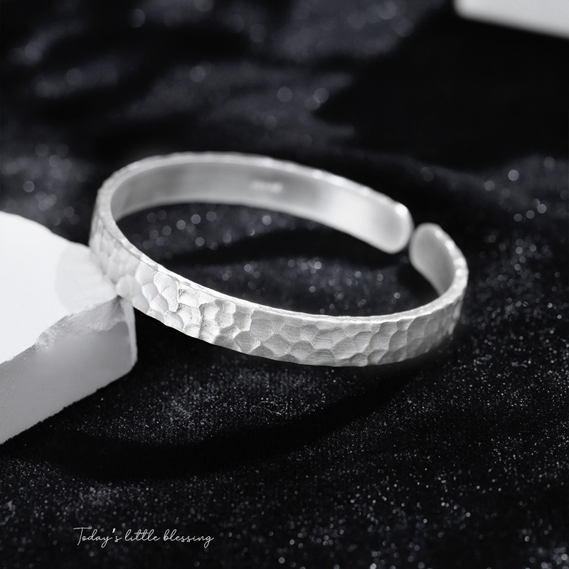 Couple Style Silver Bracelet 9999 Sterling Silver Women's Open Solid Handmade Hammered Crater Men's Personalized Trendy Silver Bracelet