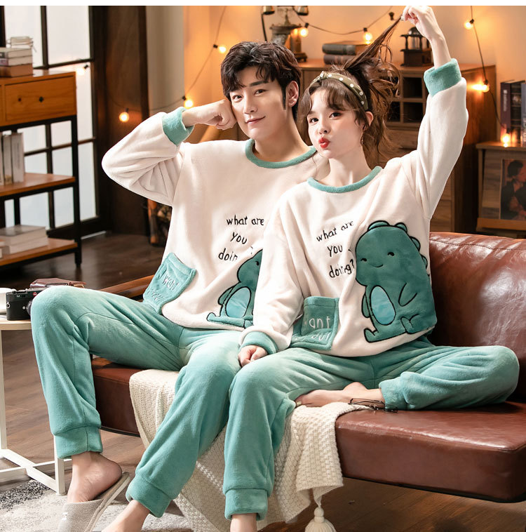 Autumn and winter green dinosaur couple coral fleece pajamas boys flannel cartoon loose pullover home wear ladies