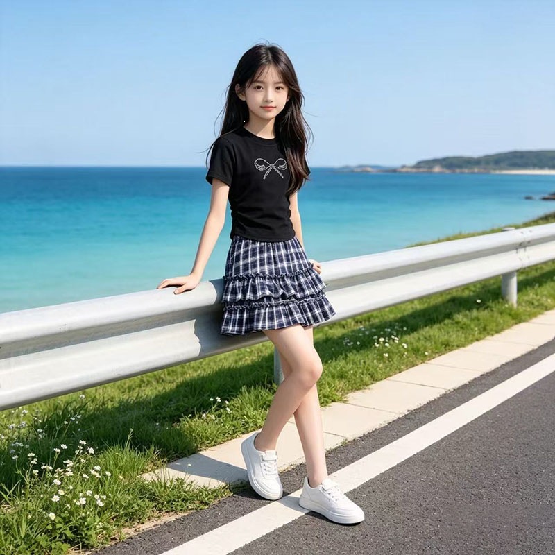 【上衣纯棉 裙子涤纶】女童套装夏季洋气烫钻蝴蝶结T恤半身裙