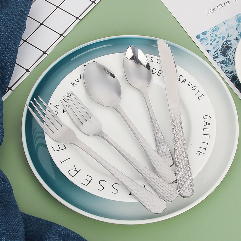 Cross-border 430 Stainless Steel Tableware Set Creative Hammered Handle 5-piece Set Knife, Fork and Spoon Western Food Set for Home Gift Giving Cross-border 430 Stainless Steel Tableware Set Creative Hammered Handle 5-piece Set Knife, Fork and Spoon Western Food Set for Home Gift Giving