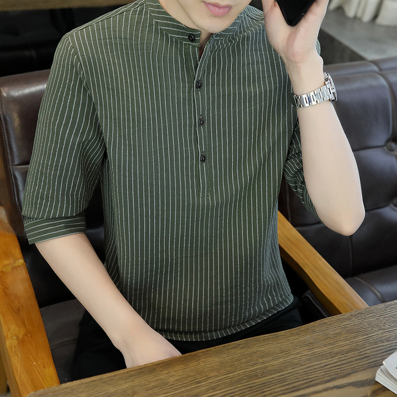 Pure Cotton Three-Quarter Sleeve Shirt for Men, New Summer Style, Chinese Style Striped Casual Stand-Up Collar 7-Quarter Sleeve Shirt