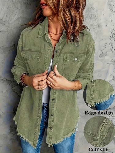 Women's Vintage Washed Denim Jacket with Frayed Edges Casual