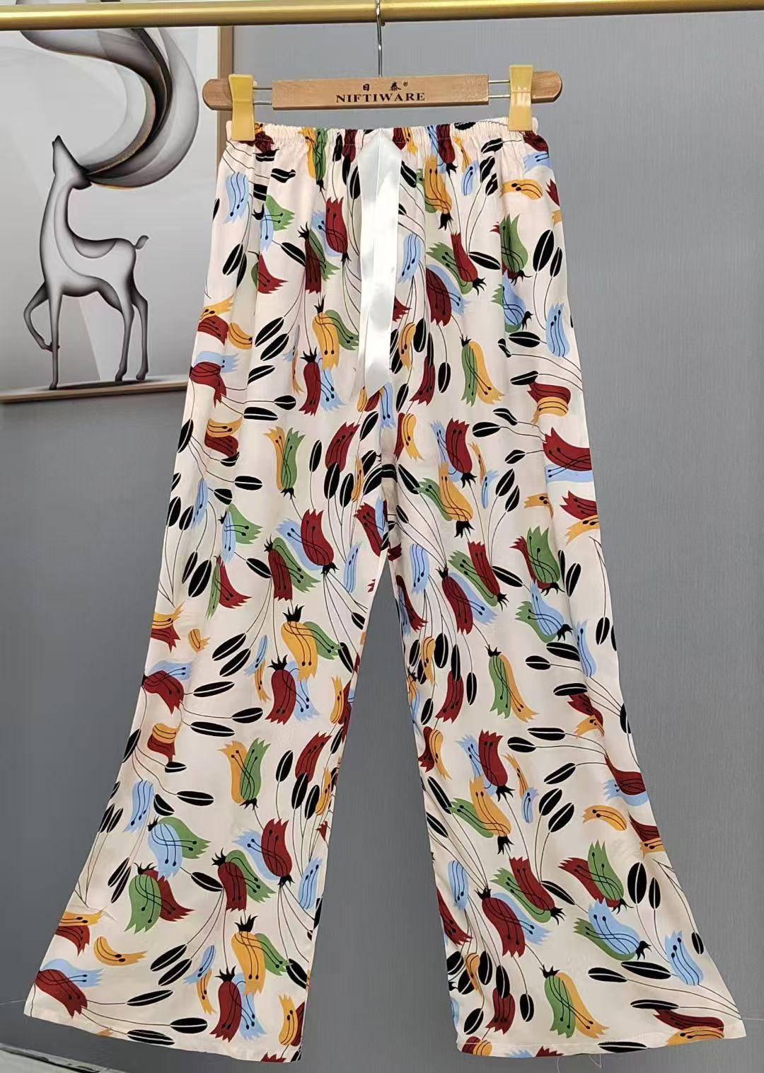 Pijama de seda de algodón para mujer, pantalones anchos de mujer embarazada de seda de algodón con estampado fino de verano