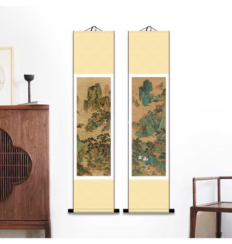 新中式卷轴挂画字画仿古山水画挂轴古画茶楼装饰品茶图听琴图