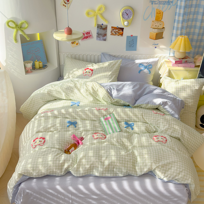 워시드 코튼 타월 자수-나비 고양이-그린 체크 무늬