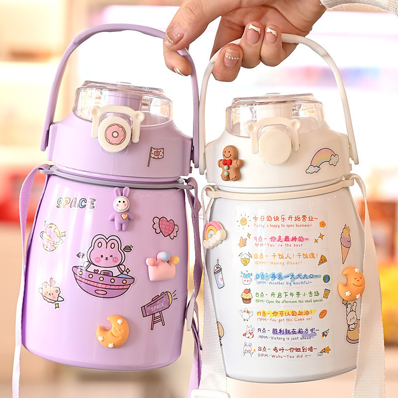 Thermos Cup Big Belly Cup Large Capacity 900ml Children's Crossbody Straw Student 304 Stainless Steel Bouncing Water Cup