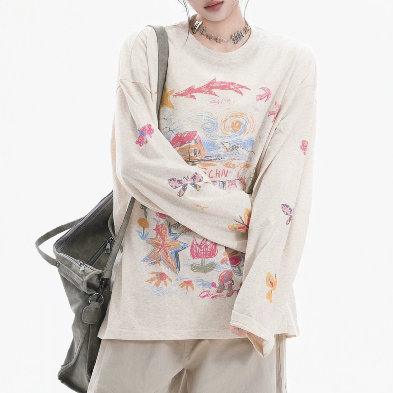 2026 American Retro Hand-Painted Graffiti Print Long-Sleeved T-Shirt for Men and Women, Loose Slimming Casual Versatile Round-Neck Top 2026 American Retro Hand-Painted Graffiti Print Long-Sleeved T-Shirt for Men and Women, Loose Slimming Casual Versatile Round-Neck Top