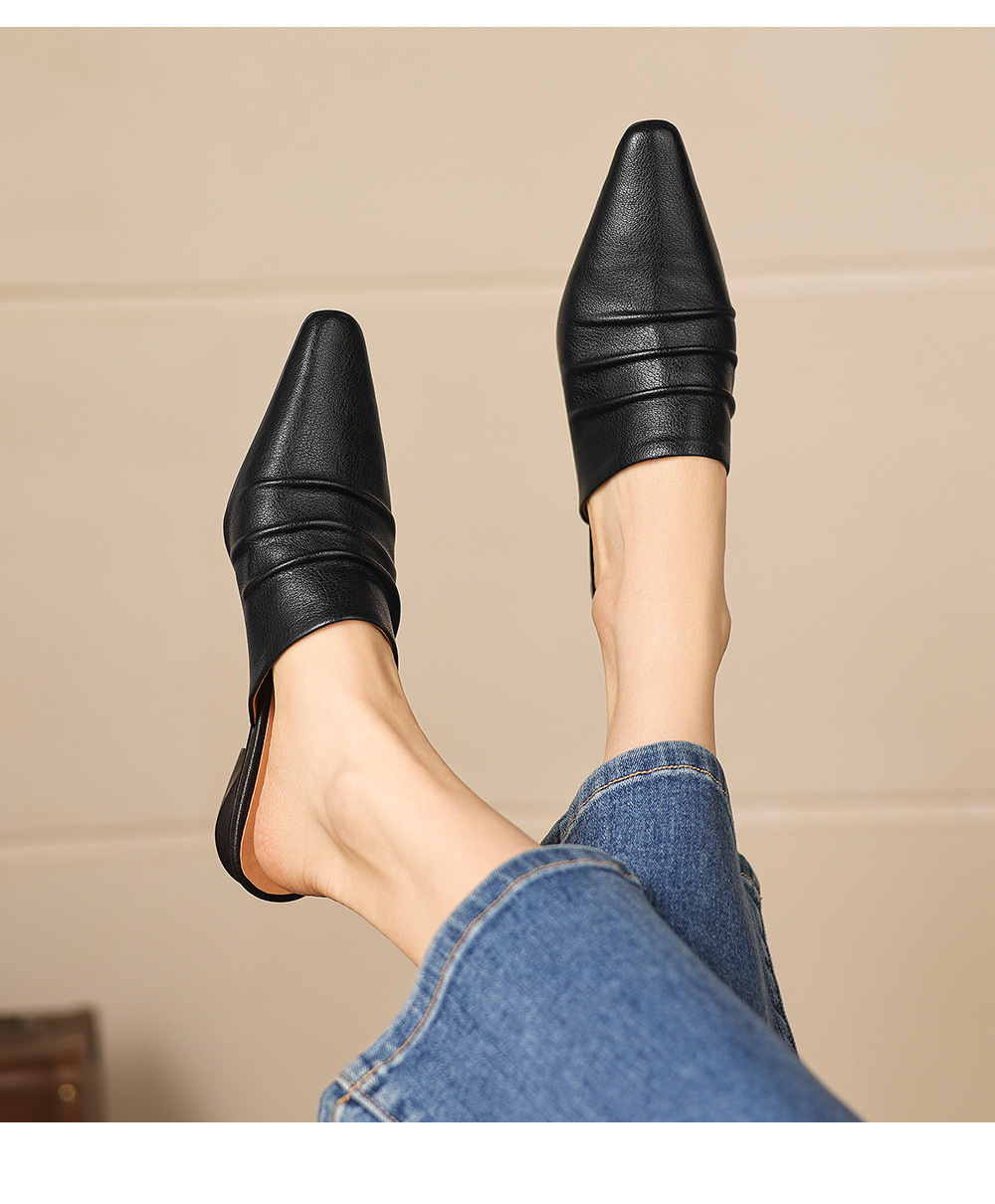 Dép sandal nữ bít mũi quai chữ V đế thấp da bò mùa xuân hè — đen chi tiết 16
