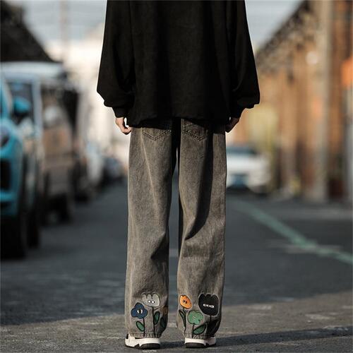 Black jeans for men, national trend embroidery, high street summer youth work pants, thin, nine-inch casual