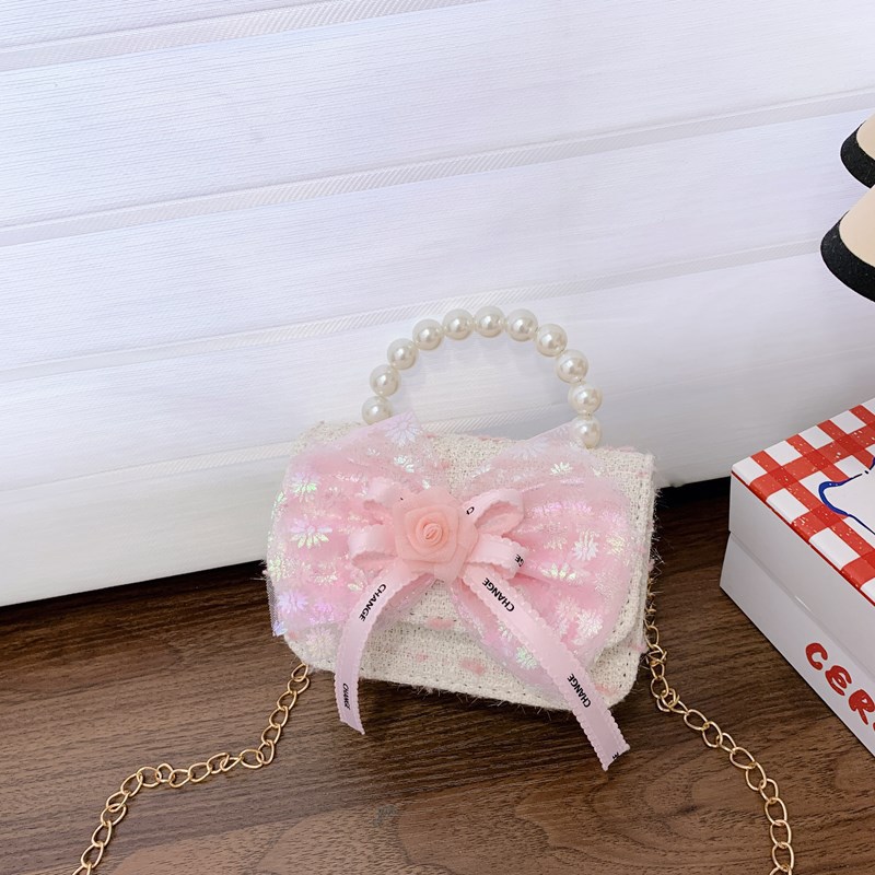 Bolso de lazo para niños Bolso de mensajero de flor de rosa de verano Bolso de princesa portátil de perlas para niñas Monedero de fragancia pequeña