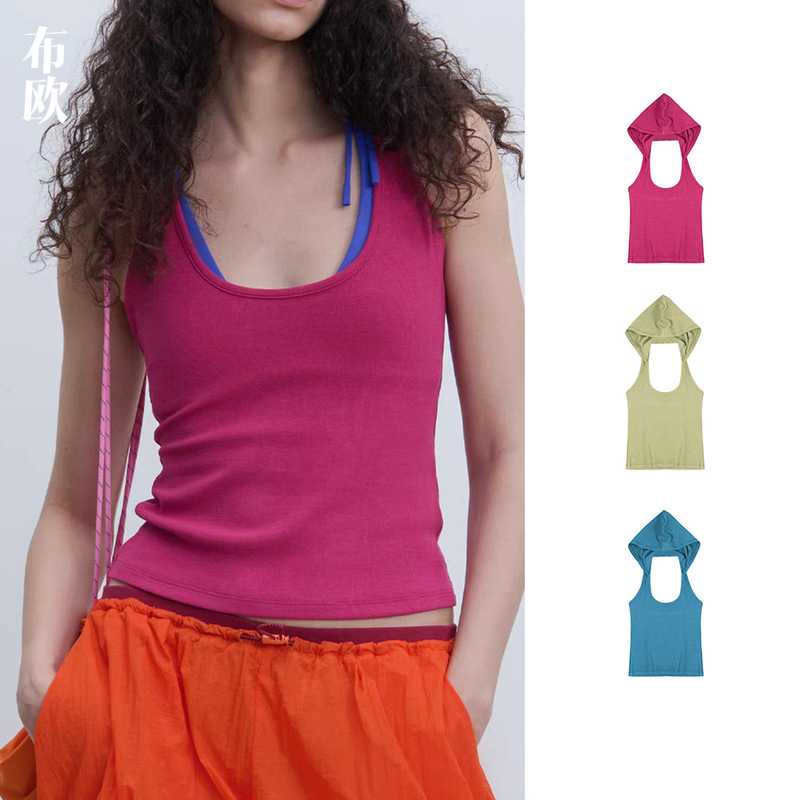 [Clearance, No Returns/Exchanges] Original Fabric Designer's Sexy Slim-Fit Backless Hooded Halter Neck Stretchy Tank Top