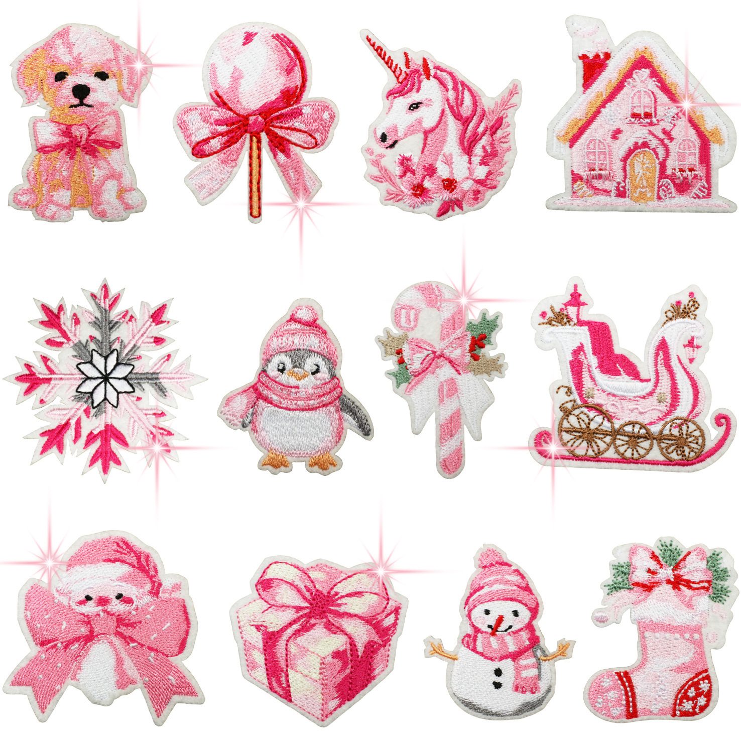 圣诞主题刺绣贴片粉色企鹅补丁贴节日衣服装饰雪人糖果刺绣贴批发