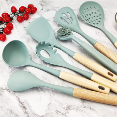 Silicone Kitchenware Set of 6 Pieces, Thick Silicone Non-Stick Pan Spatula, Soup Spoon, Ladle, Kitchen Set with Wooden Handles, Wholesale