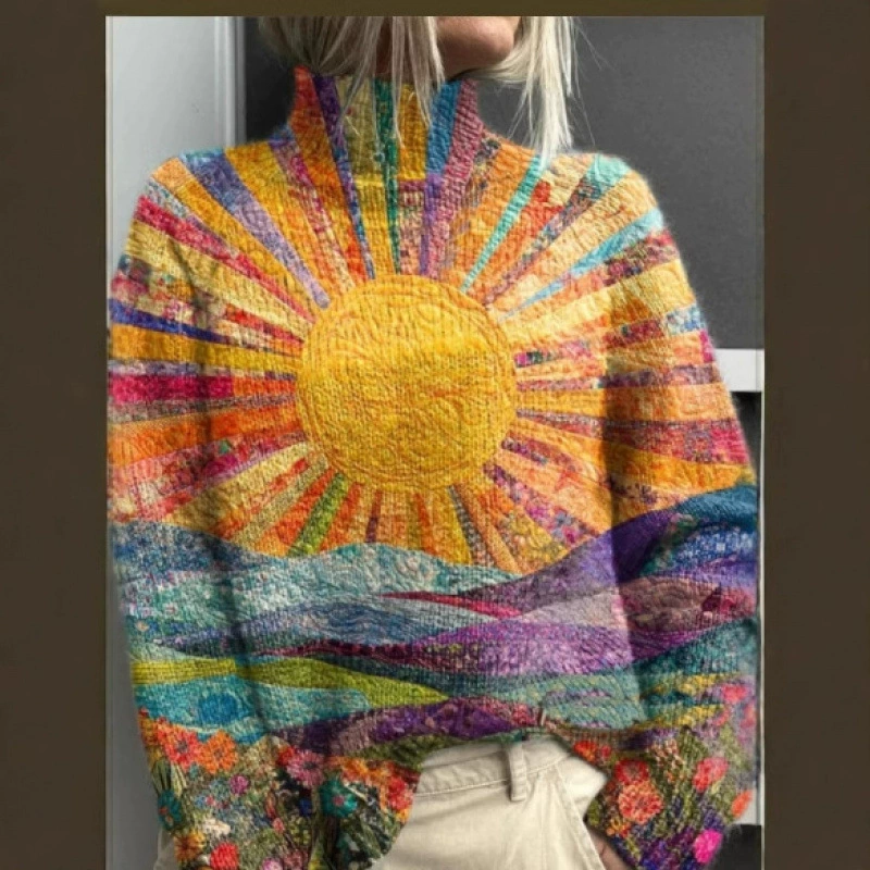 2024 трансграничный новый 3D цветовой узор с принтом осенью и зимой Независимая станция новый высокий воротник с длинными рукавами свитера европейская и американская женская одежда