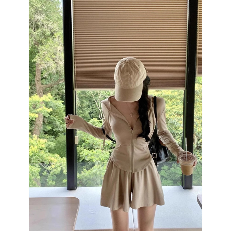 스포츠 자외선 차단복, 슬림핏 얇은 아이스 실크 자외선 차단복, 가디건 재킷, 여성 여름 하이웨이스트 캐주얼 반바지 투피스 세트