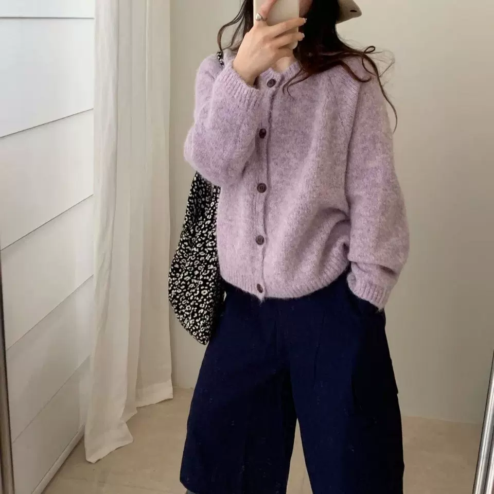 韩系秋冬穿搭针织开衫女宽松慵懒风2025新款花色毛衣外套短款上衣