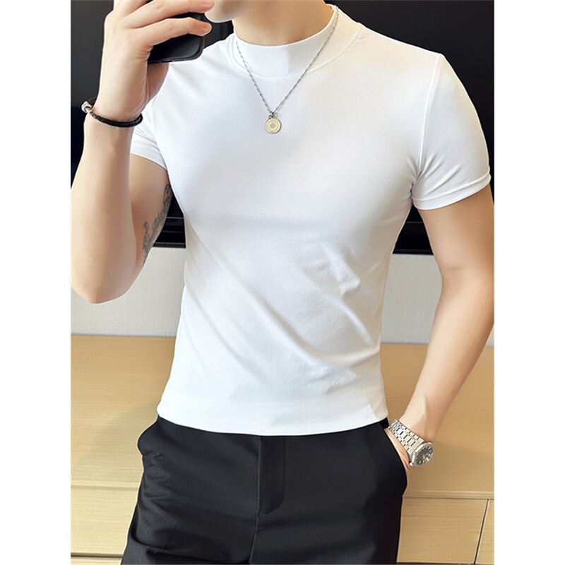 White bottoming shirt men's short sleeve half turtleneck full pure slim round neck close-fitting thin mid collar suit inner T-shirt