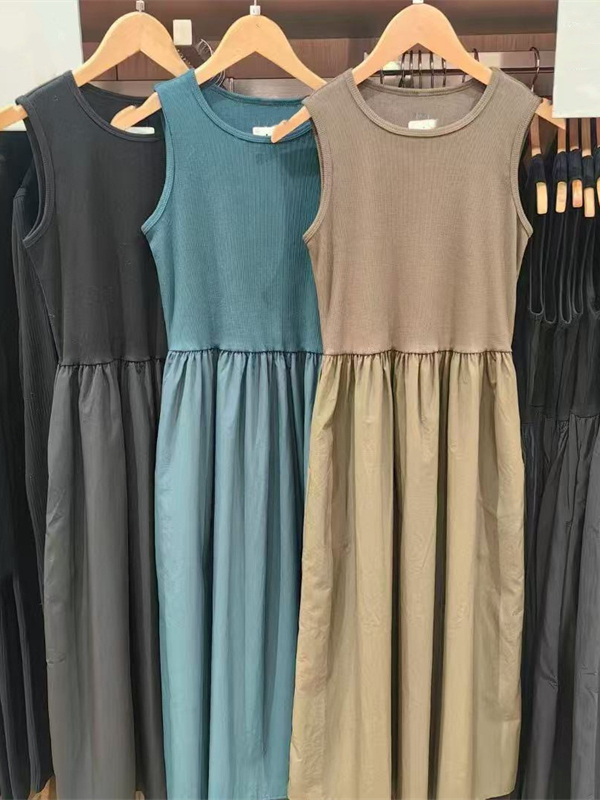 URAZ Stitching Waist dress Sleeveless Vests Skirt Spring Crewneck Knitted Skirt Slimming Summer New 474064