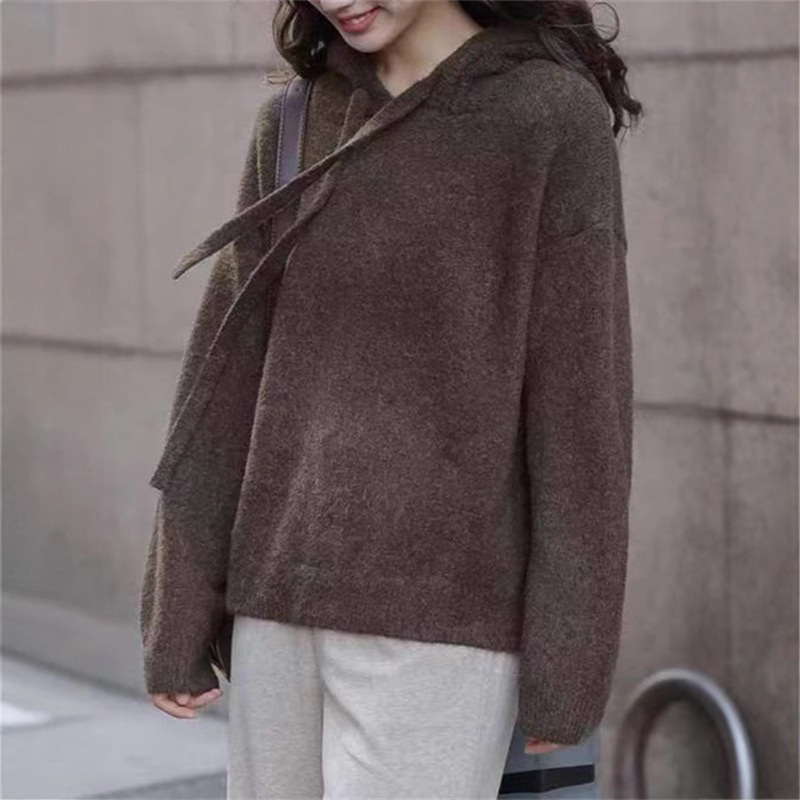 跨境连帽套头毛衣女2025春秋新款韩版宽松慵懒风针织衫长袖女上衣|undefined