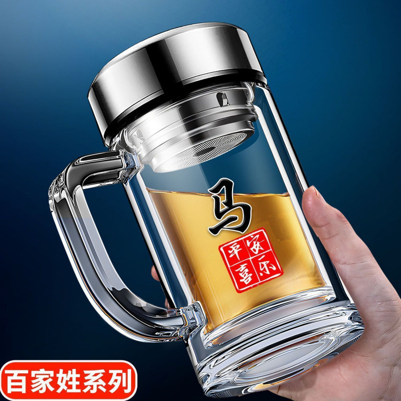 定新款双层把手玻璃杯男士茶杯商务办公大容量手柄泡茶水杯杯子制|undefined