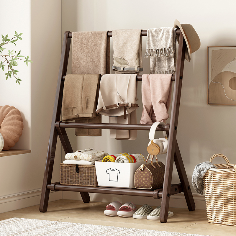 Folding Coat Rack, Bedroom Floor-Standing Clothes Rack, Bedside Clothes Hanger for Clothes, Economical Bamboo Storage Rack