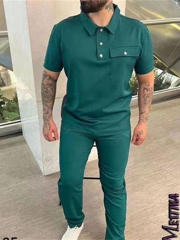 春秋款欧码跨境纯色男士短袖Polo衫+长裤潮流休闲运动套装|undefined