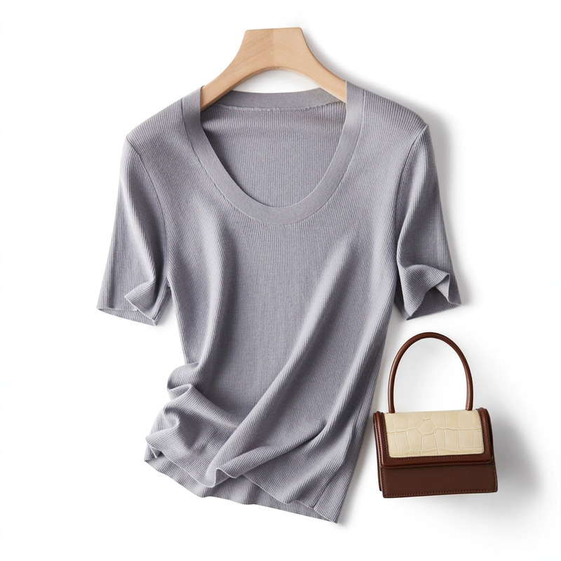 Hong Kong and American Apparel/Yangzi Ultra-Fine Merino Wool U-Neck Slim Fit Short Sleeve Knitted Top Hong Kong and American Apparel/Yangzi Ultra-Fine Merino Wool U-Neck Slim Fit Short Sleeve Knitted Top
