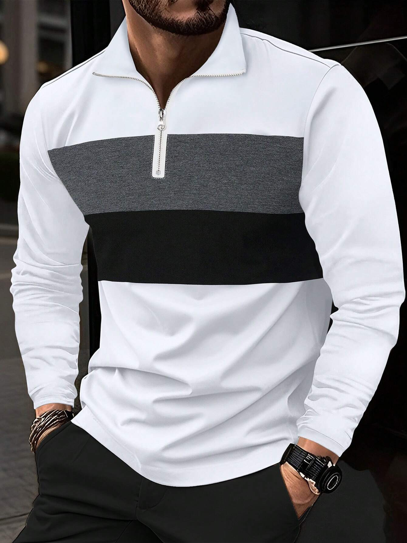 Transfronterizo tamaño europeo primavera otoño retro moda hombre cremallera con solapa de manga larga diseño de tendencia de temperamento jersey