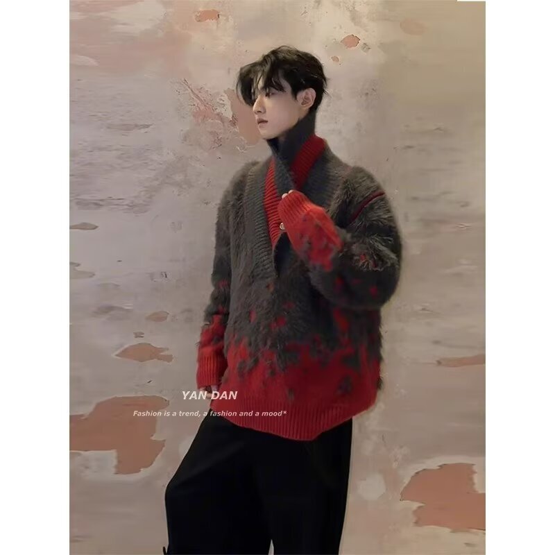 Retro New Year's Holiday Atmosphere V Neck Knitwear Men's Trendy Autumn and Winter Imitation Mink Lazy Style Loose Knitwear