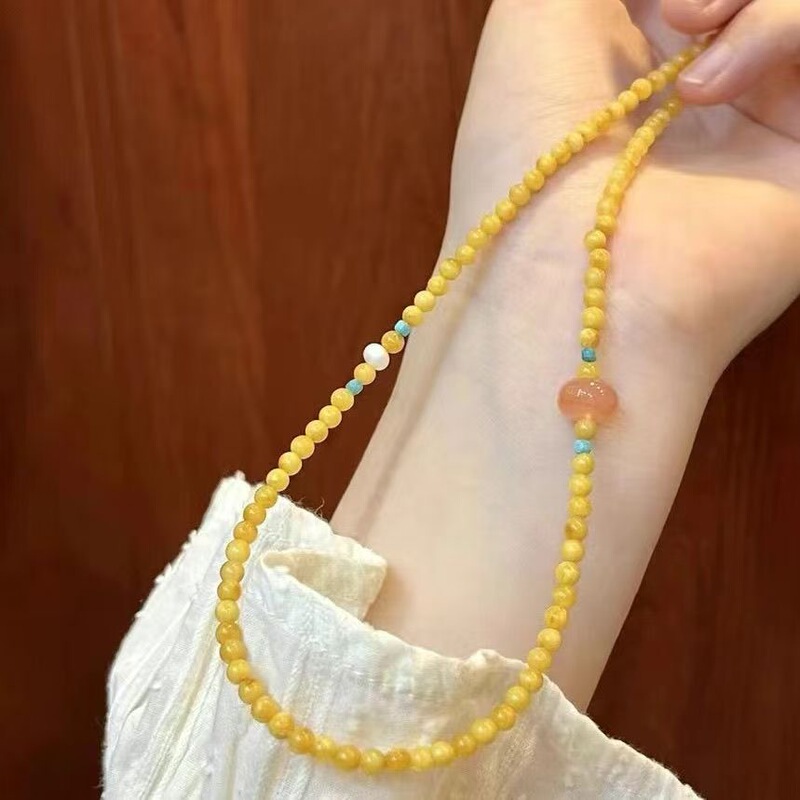 Zhaozhao's Wish Comes True ~ Beeswax Yellow Beaded Bracelet for Women, Double Circle Stacked Antique Style Bracelet, Niche Design Bestie Bracelet