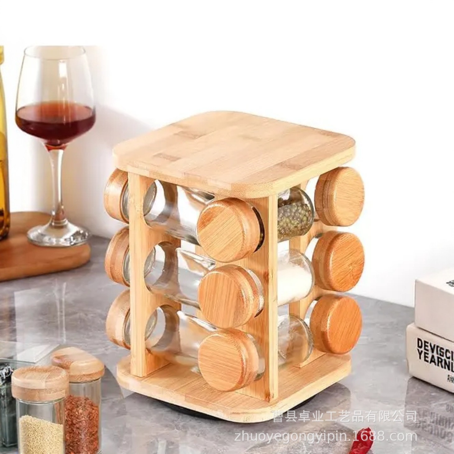Cross-border bamboo spice rack kitchen rotatable spice jar spice storage rack multi-layer cosmetic essential oil organizing rack