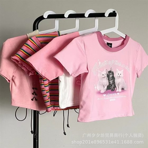 Shein Summer Trendy Ins Short Spicy Girl Top Regular Shoulder Women's Popular Blouse with a Sense of Design, Slim Fit, Slimming Short Sleeves