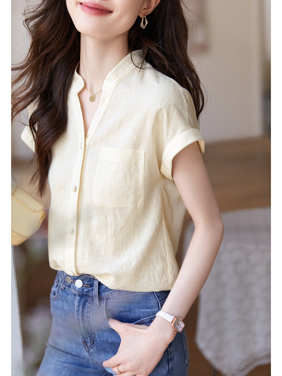 Áo sơ mi nữ liền vai chất liệu cotton linen phong cách Hàn Quốc — xanh lá cây