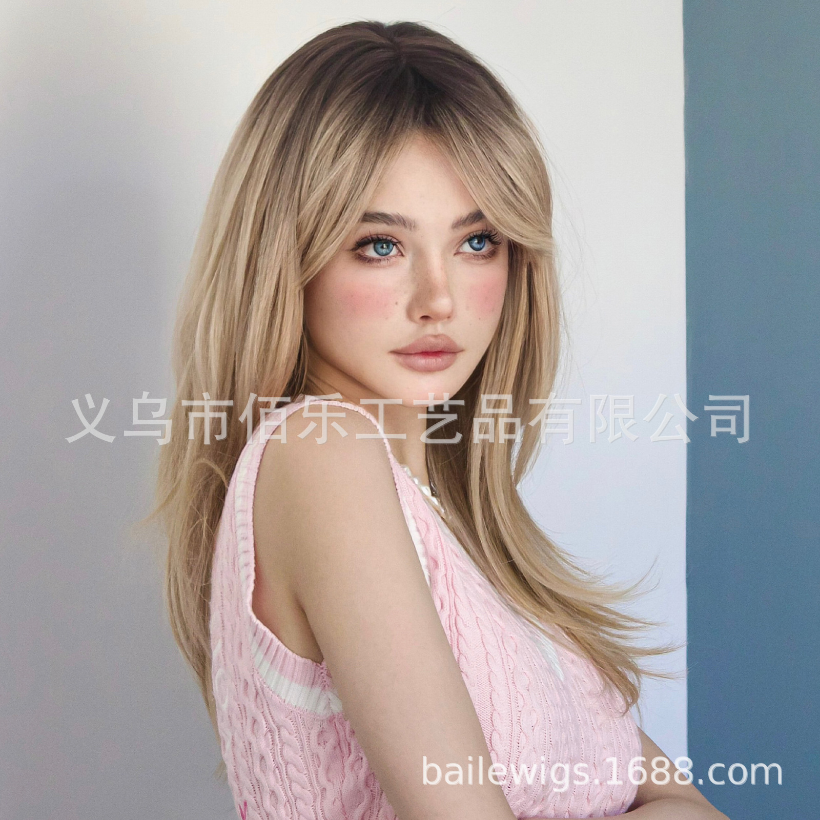 Estilo japonés y coreano Peluca de fibra química cubierta de la cabeza completa de ocho palabras Bangs Marrón Gradiente natural largo cabello liso cabello sintético