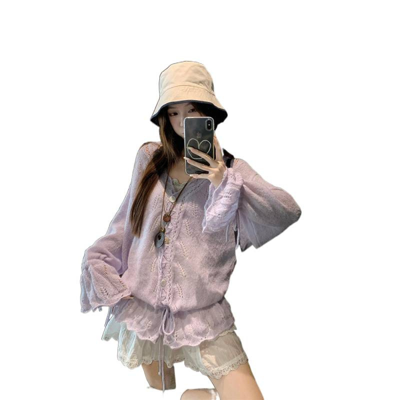 熹凤梨~2025秋季新款温柔抽绳钩花毛衣+花边吊带上衣套装女|undefined